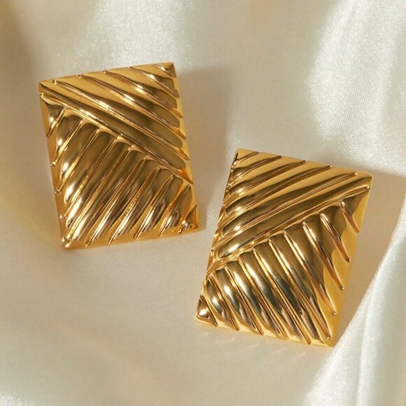 Yellow Gold Women's 18K Gold Plated Stainless Steel Striped Earring - Picture 7 of 10